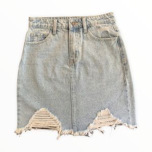 Light Wash Denim Mini Skirt w/ Distressed Hemming